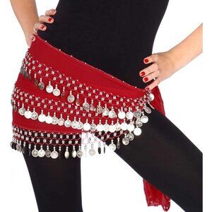 Red Chiffon Belly Dance Hip Scarf with Silver Coins 3-Row Turkish Style 220 Coin